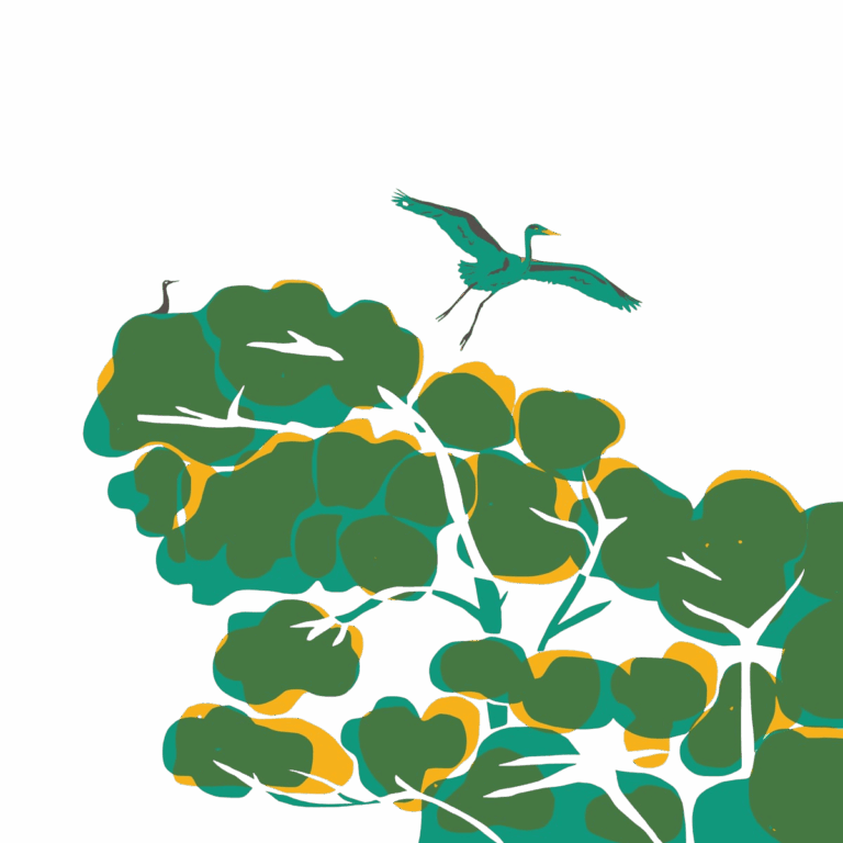 Illustration of two birds on green treetops with yellow accents; one bird is perched on a branch, while the other is flying above the trees against a white background.