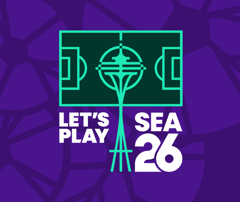 A graphic showing a soccer field with Seattle’s Space Needle at the center, over text that reads "LET'S PLAY SEA 26" on a purple background with abstract patterns.