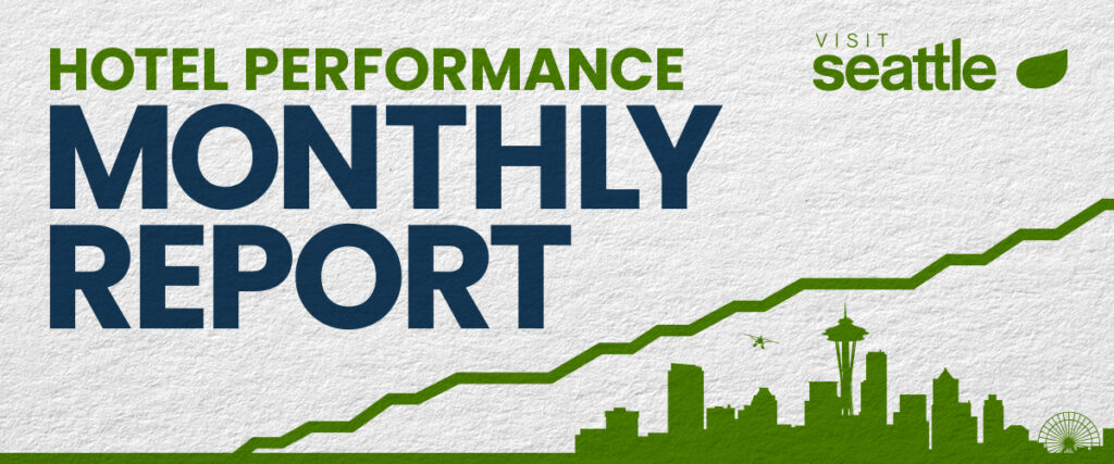 Graphic with "Hotel Performance Monthly Report" in large text, "Visit Seattle" logo, and a green outline of the Seattle skyline with a rising trend line.