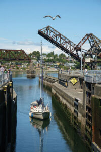 A sailboat navigates through a canal lock beneath an open drawbridge, with a seagull flying overhead and buildings, trees, and another bridge visible in the background under a clear blue sky.