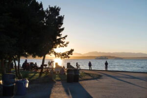People gather by the waterfront at sunset, some sitting and others standing. A large tree provides shade, while a ferry sails in the distance across the water. Mountains are visible on the horizon under a clear sky.