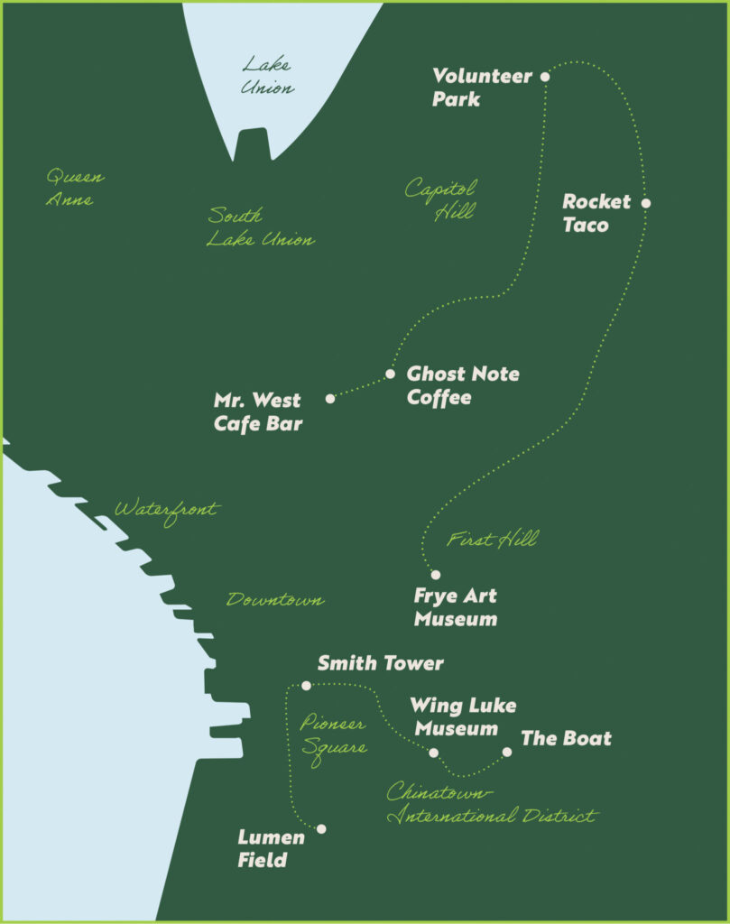 A stylized map of Seattle shows routes linking landmarks and businesses including Volunteer Park, Rocket Taco, Ghost Note Coffee, Smith Tower, Lumen Field, and the Chinatown-International District.