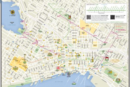 Map of downtown Seattle showing streets, parks, landmarks, public transportation routes, and the Seattle Center Monorail. Key points and icons highlight attractions and transit options throughout the area.
