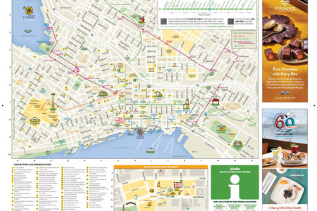 A detailed illustrated map of downtown Vancouver shows streets, landmarks, hotels, attractions, shopping areas, and walking routes. Insets and advertisements for chocolate and dining are featured along the map’s right side.