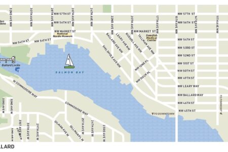 Map of Ballard in Seattle showing streets, Salmon Bay with a sailboat icon, Ballard Locks, and nearby areas. Major streets and landmarks, including the Swedish Medical Center, are labeled.