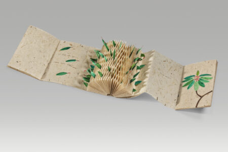 An open pop-up book with textured brown covers, featuring 3D paper leaves and branches that spring up from the center, resembling a tree or a bush, against a plain gray background.
