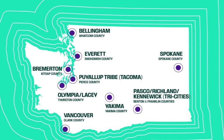 Map of Washington state with major cities labeled, including Bellingham, Everett, Bremerton, Olympia/Lacey, Vancouver, Yakima, Spokane, Pasco/Richland/Kennewick (Tri-Cities), and Puyallup Tribe (Tacoma).