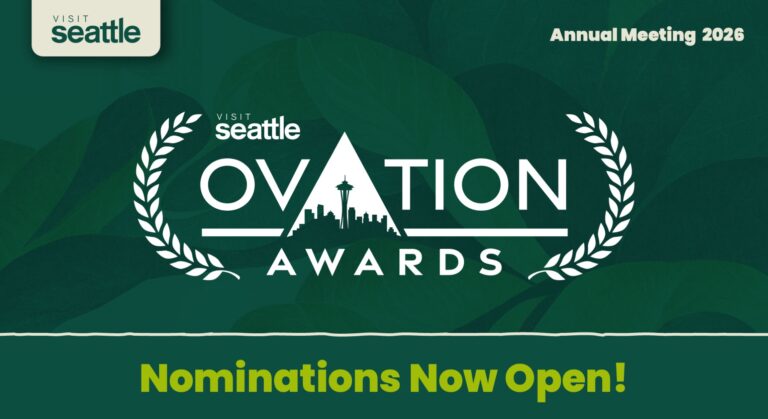 Graphic for the "Visit Seattle Ovation Awards" Annual Meeting 2026, featuring a city skyline, laurel leaves, and the text "Nominations Now Open!" on a green leafy background.