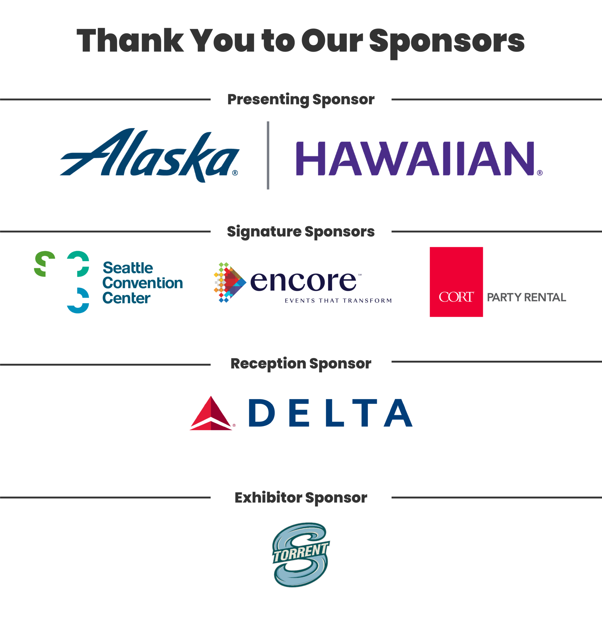 A “Thank You to Our Sponsors” graphic lists sponsors: Presenting—Alaska, Hawaiian; Signature—Seattle Convention Center, Encore, CORT Party Rental; Reception—Delta; Exhibitor—Seattle sports team stylized as “S.”.