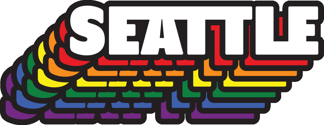 Bold white text reading "SEATTLE" is layered over repeating outlines of the word in rainbow colors, creating a vibrant, stacked effect reminiscent of a pride flag. The design has a retro feel.