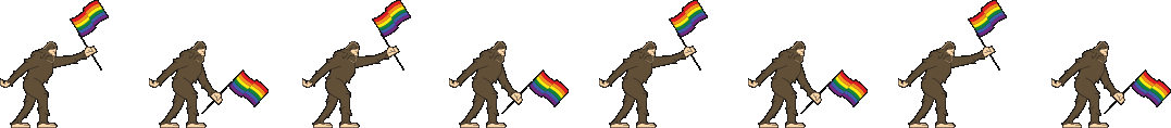 Seven identical illustrations of a brown sasquatch walking while holding and waving a rainbow Pride flag on a black background.