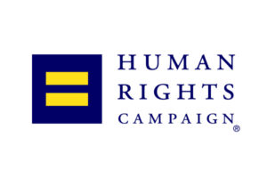 The Human Rights Campaign logo features a blue square with a yellow equals sign next to the words "HUMAN RIGHTS CAMPAIGN" in blue capital letters on a white background.
