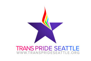 A purple star with a rainbow flame at the top, representing Trans Pride Seattle. Below, the text reads "TRANS PRIDE SEATTLE" in a gradient of pink, purple, and blue, with the website "WWW.TRANSPRIDESEATTLE.ORG" underneath.