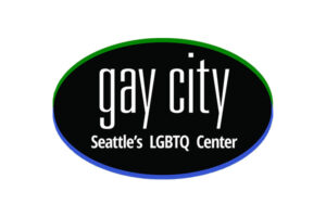 Logo for Gay City, Seattle’s LGBTQ Center. The text is white on a black oval background with a green and blue outline.
