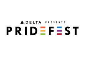 Delta Presents PrideFest logo. The word "PRIDEFEST" is in bold black letters, with each letter "E" in rainbow colors: yellow, green, orange, blue, and red, representing LGBTQ+ pride.