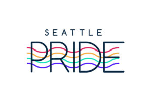 Seattle Pride logo with the word "PRIDE" in large letters overlaid by wavy lines in rainbow colors, and "SEATTLE" in smaller letters above, all on a white background.