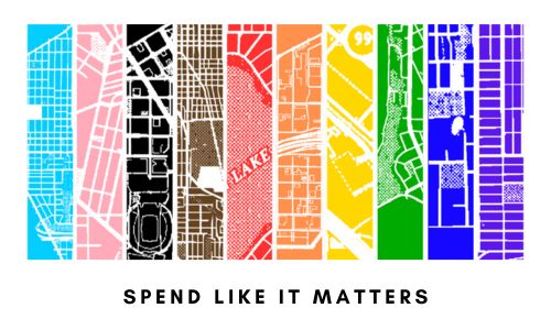 Colorful vertical stripes with different city map segments, each in a unique color. Below the maps, bold black text reads "SPEND LIKE IT MATTERS.