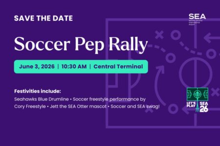 Save the date graphic for a Soccer Pep Rally on June 3, 2026, at 10:30 AM in the Central Terminal. Festivities include drummers, freestyle soccer, mascot Jett, and SEA swag. Event branding and soccer-themed designs are shown.