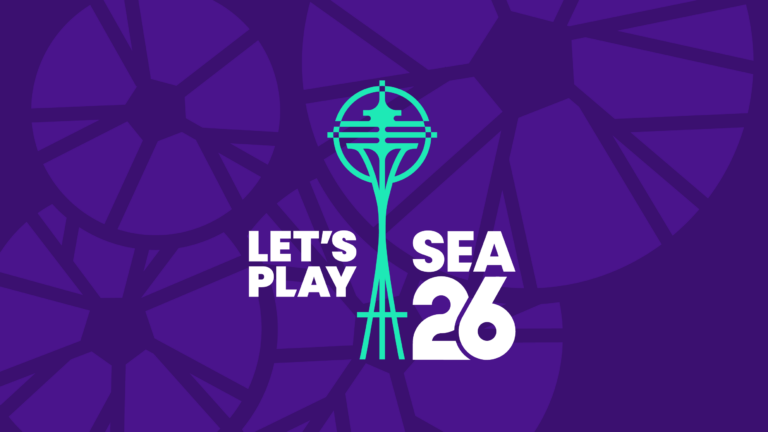 Stylized turquoise illustration of the Seattle Space Needle with the text “Let’s Play SEA 26” on a dark purple background featuring faint geometric shapes.