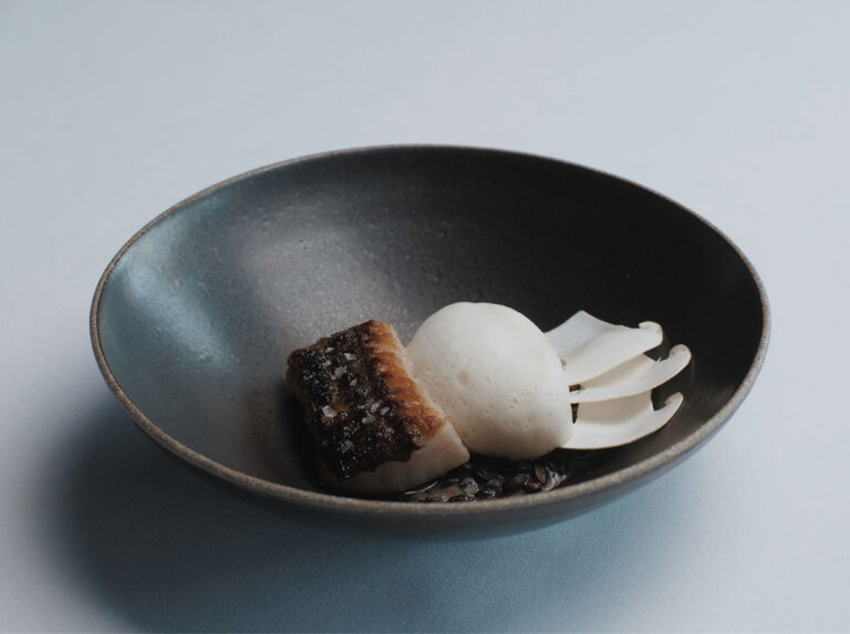 A minimalist dish in a dark bowl featuring a seared piece of fish, white foam, and thinly sliced white mushrooms arranged artistically on a light surface.