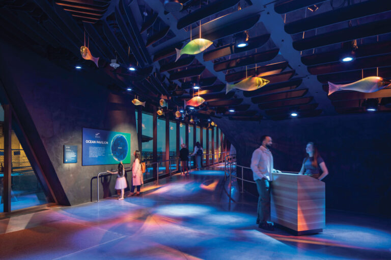 A modern, dimly lit aquarium entrance with colorful fish sculptures hanging from the ceiling, people walking and talking, and a staff member at a reception desk near a sign labeled "Ocean Pavilion.