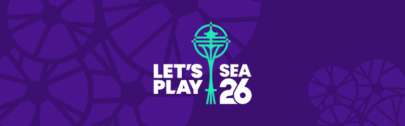 Purple graphic with abstract circular patterns, featuring a teal outline of Seattle’s Space Needle. Text reads “LET’S PLAY SEA 26,” with “SEA” and “26” on the right of the Space Needle graphic.